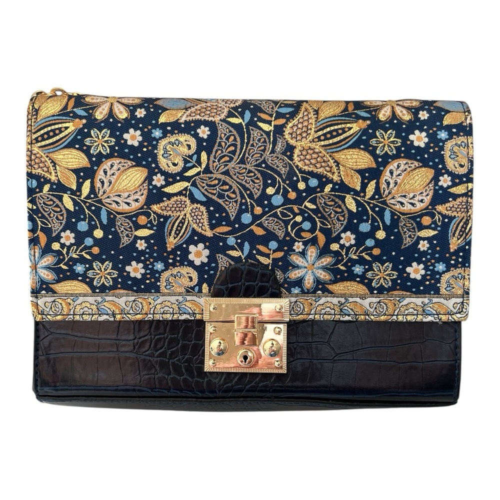 New Navy Patterned Clutch with Gold Accents